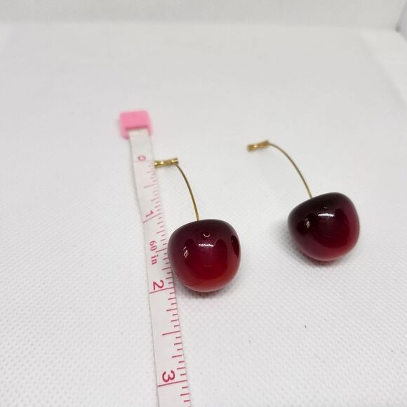 Cherry Drop Earrings Dangle Gold Brushed Sterling Silver Hook Statement Jewelry - Picture 6 of 8
